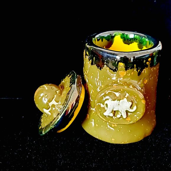 Handmade Small Ceramic Stash Jar with Elephant in Crackled Army Green Glaze with - Picture 1 of 13